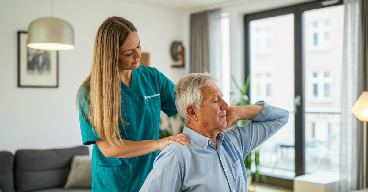 Physiotherapeutin behandelt Patient zu Hause – mobiler Hausbesuch Hamburg
